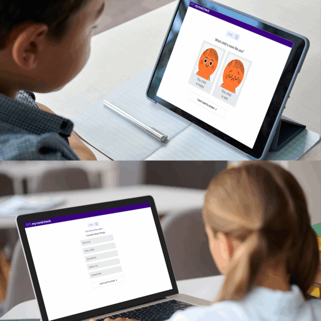 Over the shoulder shot of students responding to check-in questions on tablet and laptop screens